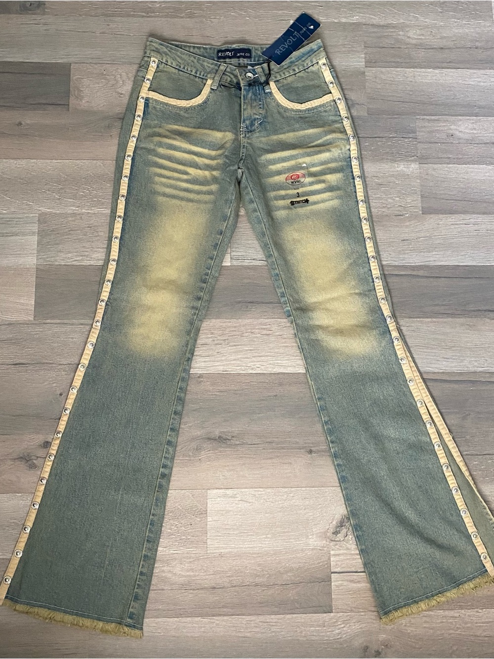 Vintage Y2K Revolt Studded Faded Low Rise Flare Jeans Side Slit